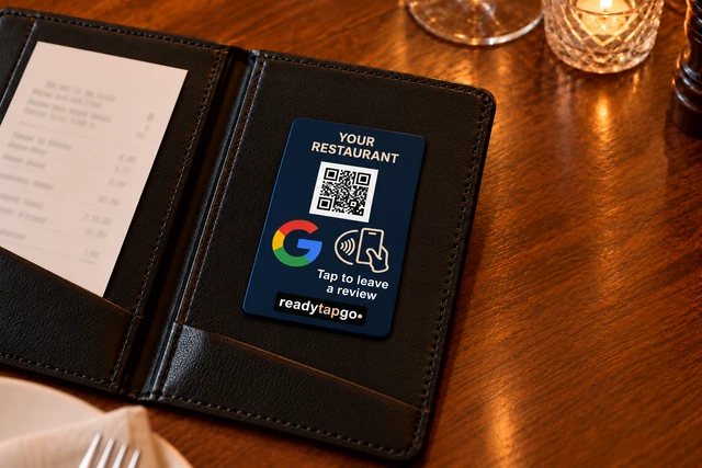 Small Google review CheckTap with QR above the Google G and phone-and-hand tap target beside the review instruction