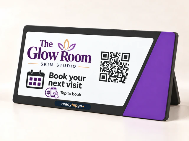 The Glow Room — Skin studio · Book your next visit — personalized printed NFC and QR sign