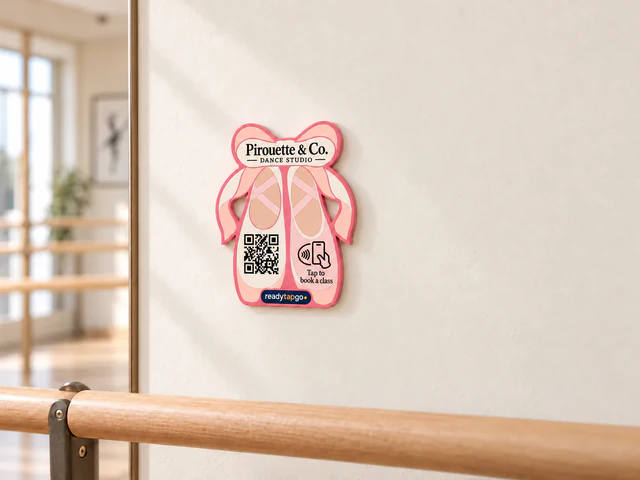 Pirouette & Co. — Dance studio · Tap to book a class — personalized printed NFC and QR sign