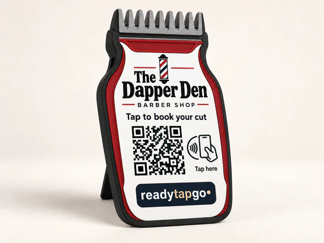 The Dapper Den — Barber shop · Tap to book your cut — personalized printed NFC and QR sign