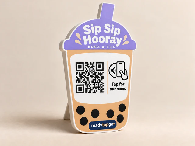 Sip Sip Hooray — Boba & tea · Tap for our menu — personalized printed NFC and QR sign
