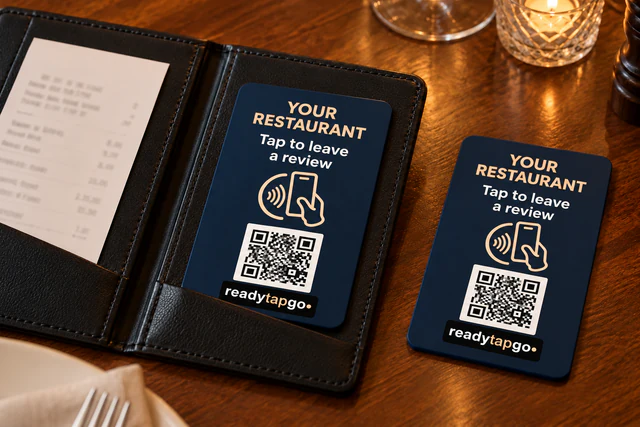 CheckTap Classic restaurant review insert with NFC, QR code and Ready Tap Go badge