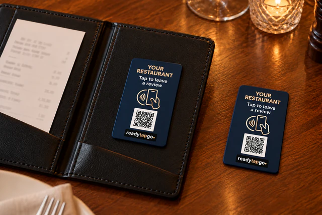 CheckTap Compact restaurant review insert with NFC, QR code and Ready Tap Go badge