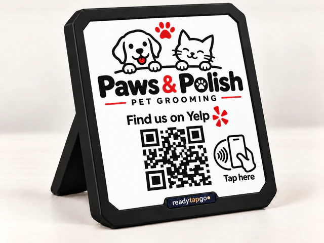 Paws & Polish — Pet grooming · Find us on Yelp — personalized printed NFC and QR sign