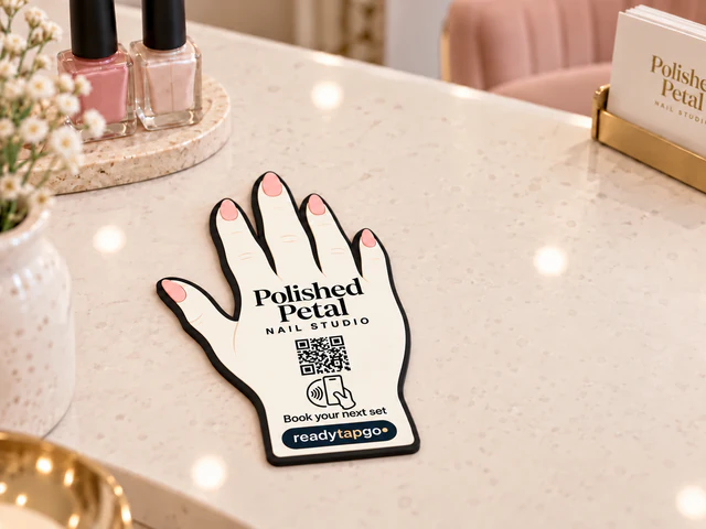 Polished Petal hand-shaped plaque lying flat on a counter