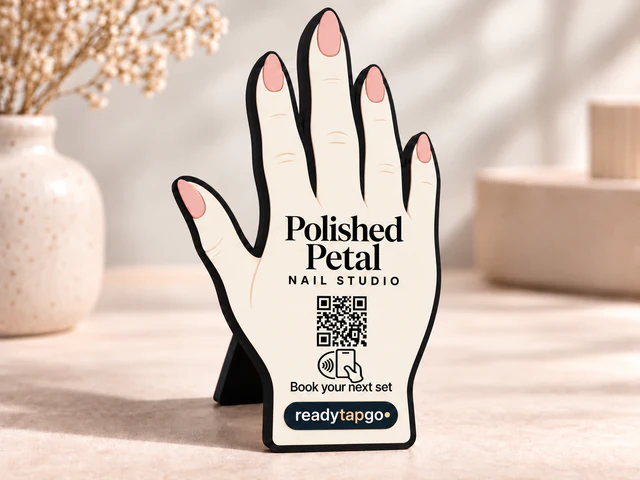 Polished Petal hand-shaped nail studio sign with its own printed support