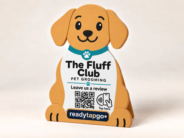 The Fluff Club — Pet grooming · Leave us a review — personalized printed NFC and QR sign