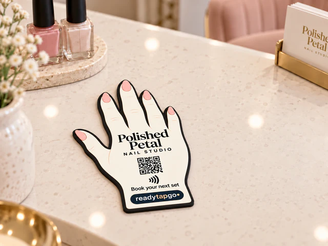 Polished Petal hand-shaped plaque lying flat on a counter