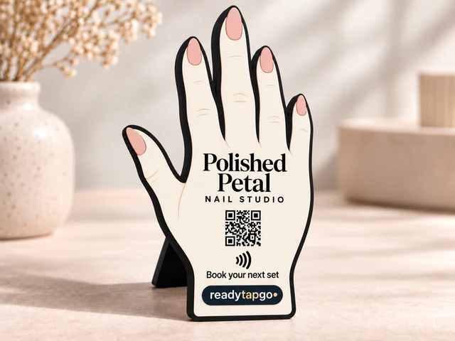 Polished Petal hand-shaped nail studio sign with its own printed support